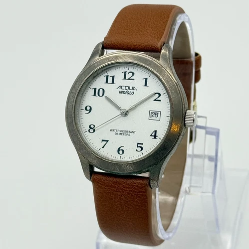 Unisex Vintage 2001 ACQUA Timex Silver Tone Indiglo Watch, Easy Read, Brown Band