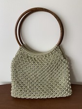 Vintage 70s Macram Crochet Woven Double Handle Tan Beige Top Handle Bag