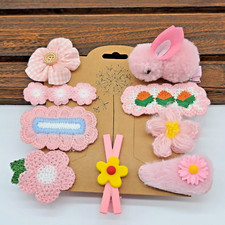 Pink Springtime Themed 9-Piece Children's Hair Clip Set, Bunny, Flowers, Carrots
