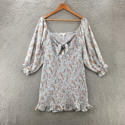 She + Sky Floral Cut Out Smocked Dress Womens L Blue Bell Sleeve Ruffle Hem NWT