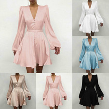 Womens Mini Satin Dress V Neck Button Puff Sleeve Festival Party Dresses S-XL