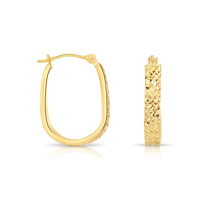 14K Real Solid Gold X Diamond-Cut Oval Creole Hoops Earrings U-Shape Hoops 20mm