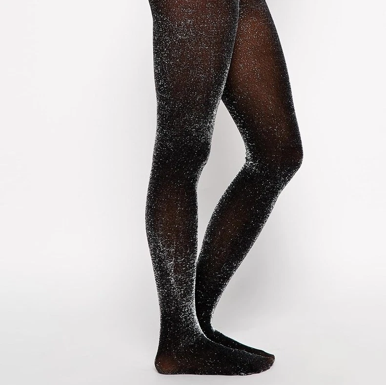 Christmas Party Silver Glitter Black Tights S/M & M/L