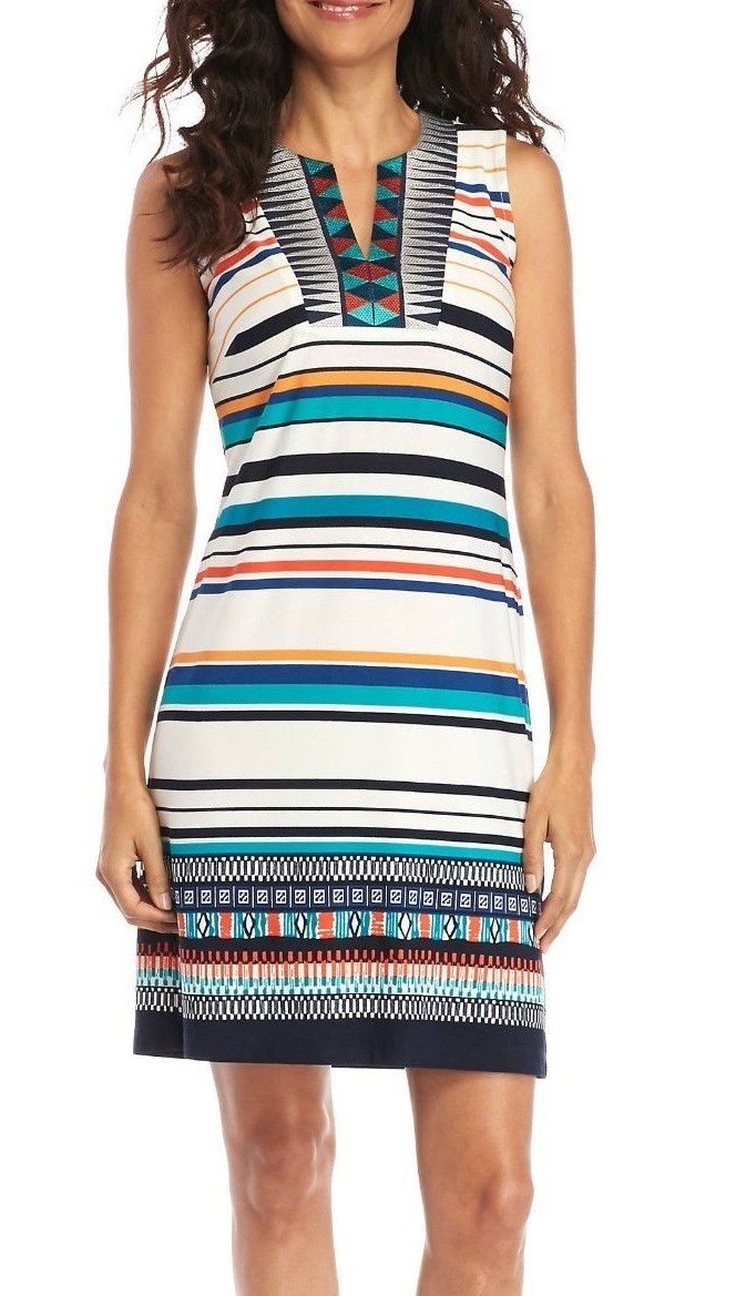 embroidered yoke shift dress Madison Leigh Blue/Orange Stripe Embroidered Yoke Stretch Jersey Shift Dress  $88