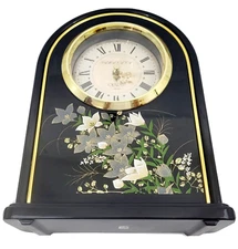 Vintage Quartz Mantel / Desk Clock Black and Gold Flower Design 11-1/2" ( Works)