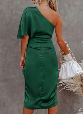 Cupshe Green Womens Satin Dress Backless One Shoulder Flared Short Sleeve  Medium | eBay
