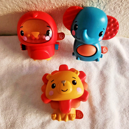 Fisher Price Busy Buddies Rattles Toys Red Bird Yellow Lion & Blue Elephant