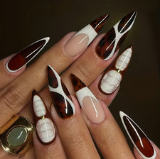 24 Pcs Press-on Nails Long Pointed Glossy - Brown  White French Leopard Print