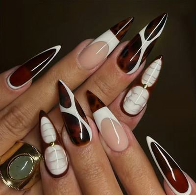 24 Pcs Press-on Nails Long Pointed Glossy - Brown & White French Leopard Print