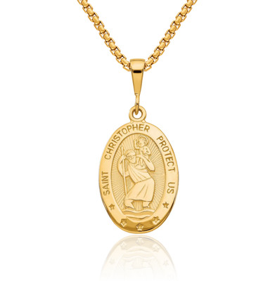 10K Solid Yellow Gold Saint Christopher Medal Necklace