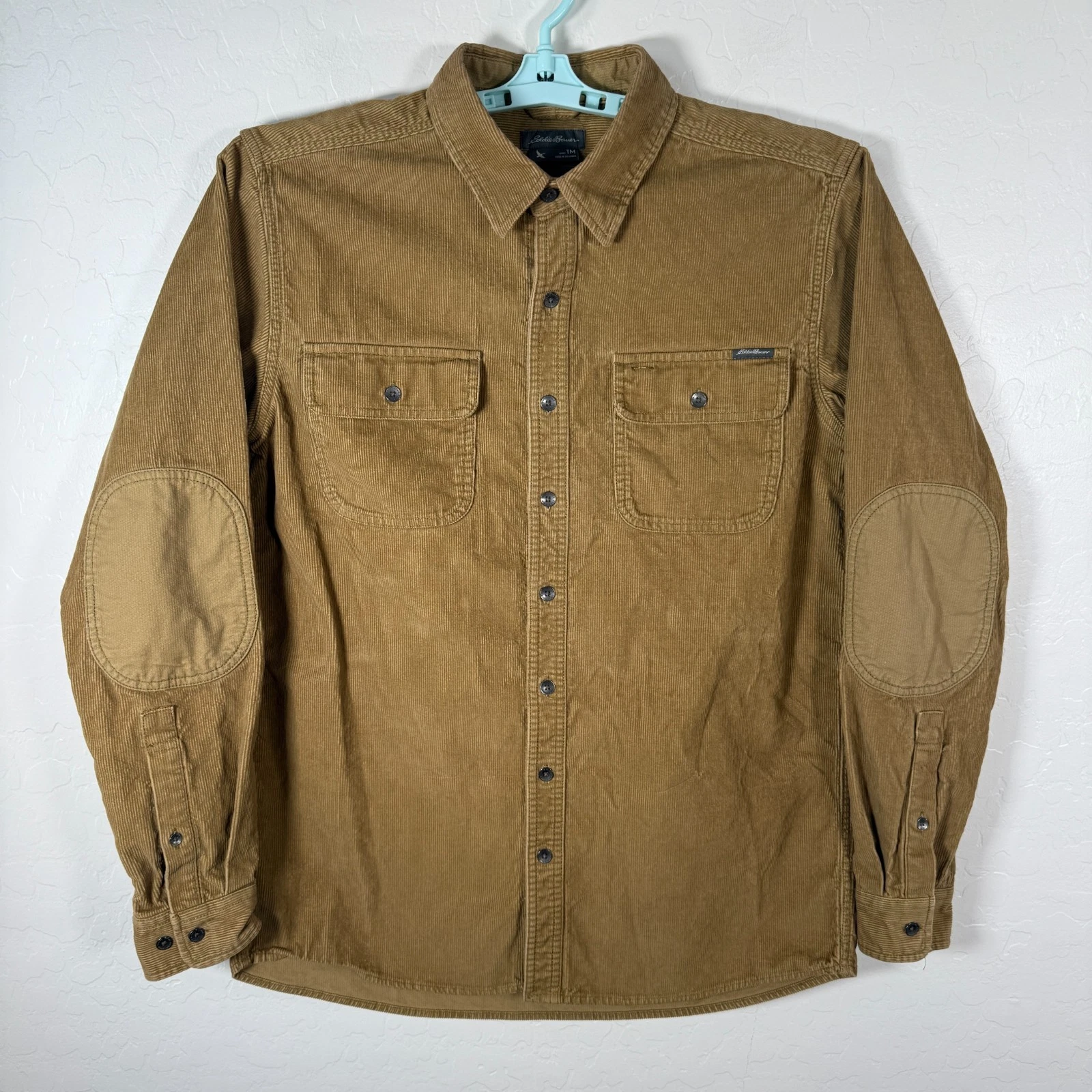 Eddie Bauer Shirt Mens Medium Tall MT Brown Corduroy Elbow Patches Outdoor Hike