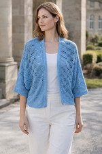Chicos Shrug Patrice Sweater Linen Blend Crochet Open Knit Blue 2 M Cardigan NWT