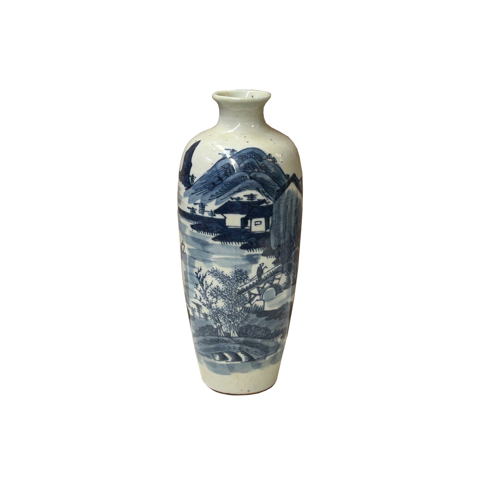 Oriental Small Blue White Calligraphy Scenery Graphic Porcelain Art Vase GB358