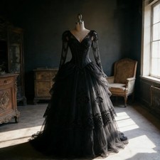 Gothic Black Wedding Dresses V-Neck Long Sleeves Lace Appliques Bridal Gowns