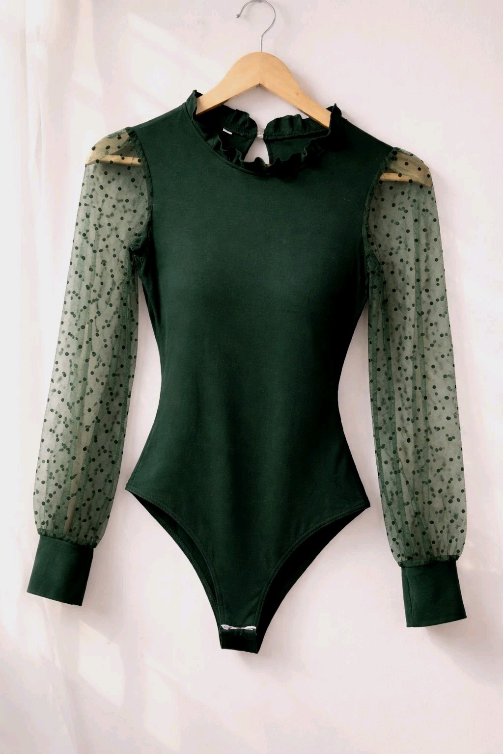 Bodysuit W/ Sheer Polka-dot Sleeves, Mock Neck, Long Sleeves, Strech Top.  Size-image