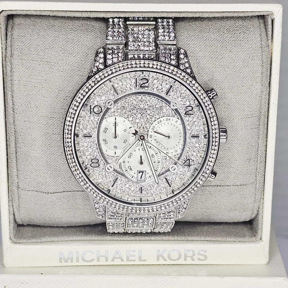 Reloj Michael Kors de gran tamaño Pave Glitz plateado MK6633 movimiento Japón con caja  Foto 2 de 4
