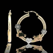 14K Tri-Color Dove, Heart  Flower Hoop Earrings