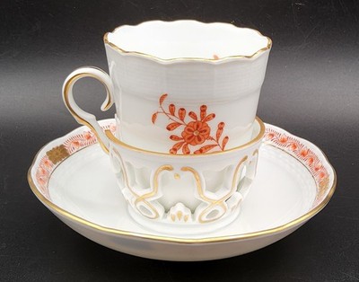 Herend Chinese Bouquet Rust Orange Trembleuse Cup and Saucer