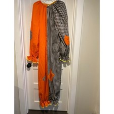 VINTAGE Unisex Handmade Clown Costume Ruffle Neck Sleeves Brown Gingham Orange