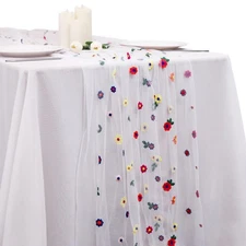 1pcs Ivory Daisy Fall Table Runner Embroidery Gauze 10FT Florals Seasonal Tul...