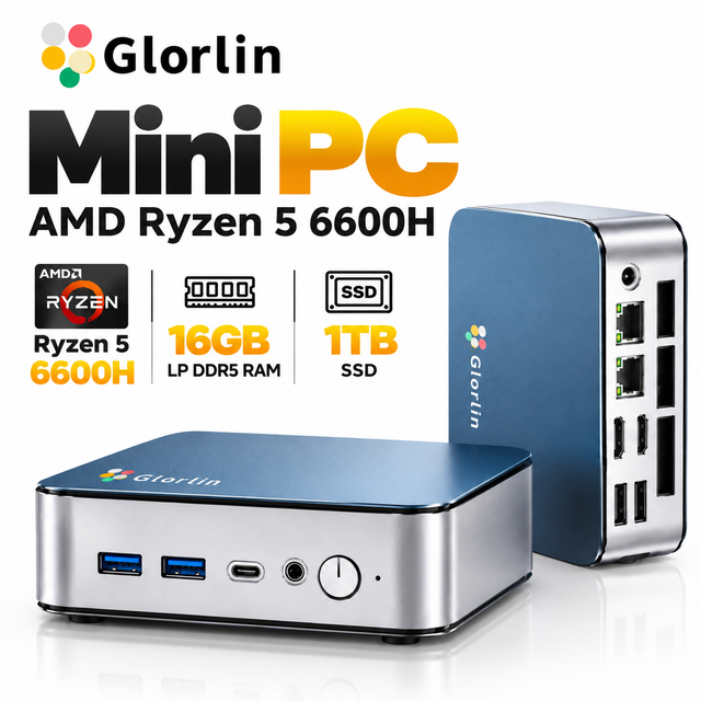 Glorlin GT103 Mini PC Ryzen 5 6600H 16GB LPDDR5 1TB NVMe SSD WiFi6 BT5.3 4K HDMI