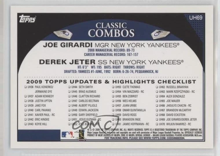 2009 Update Classic Combos Checklist Wal-Mart Black Joe Girardi Derek Jeter HOF - Image 2 of 2