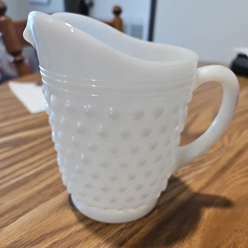 Vintage Hobnail Milk Glass 2-Cup Pitcher Dots and Dashes Creamer 5.25" H, 16 oz