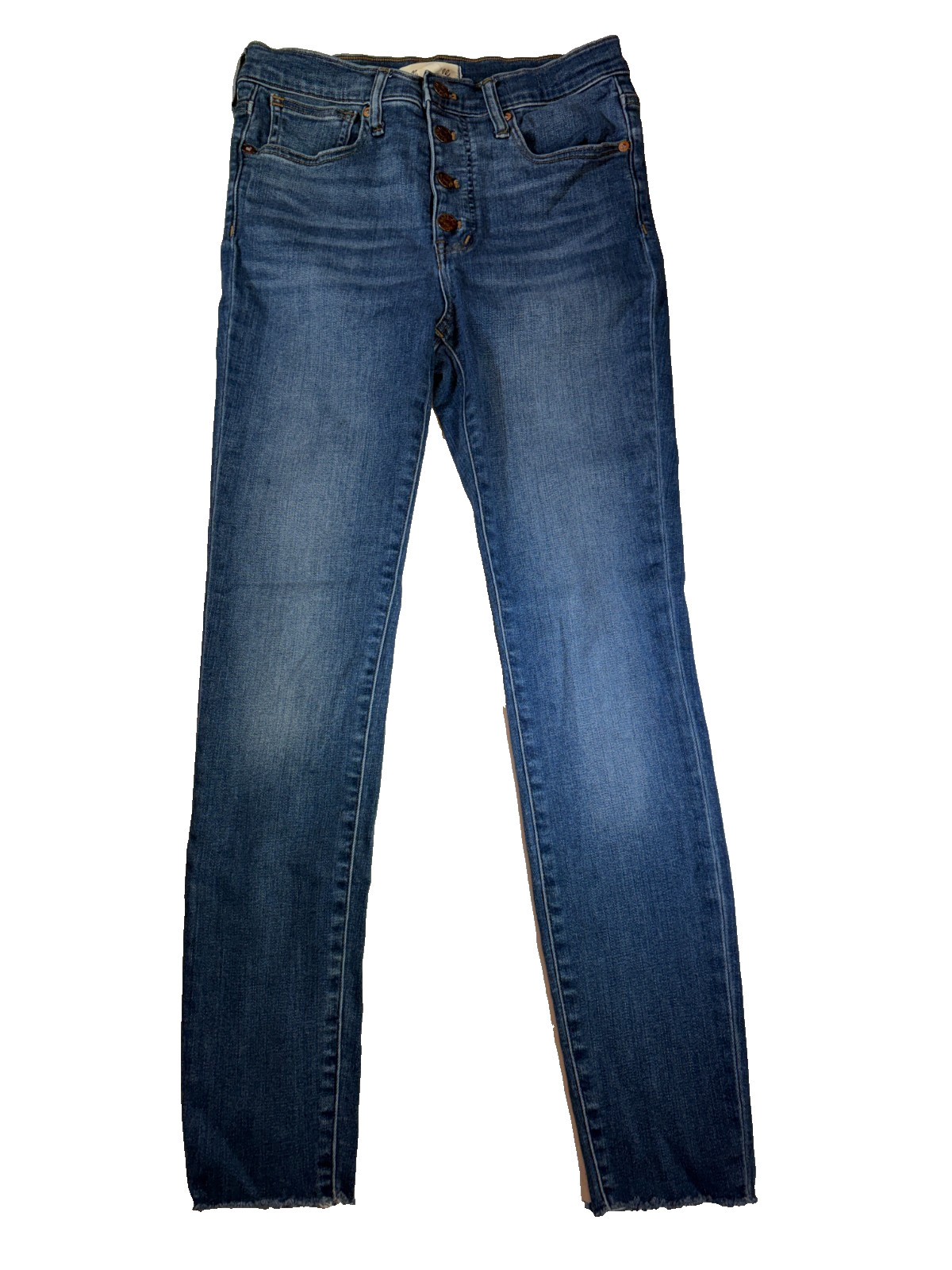 Madewell 9 Mid Rise Skinny Jeans Womens 27 Blue Button Fly Raw Hem Stretch Denim