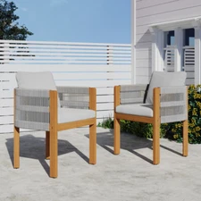 Acacia Wood Outdoor Dining Chairs 2-Pack w Rope Handles Waterproof Grey Cushions