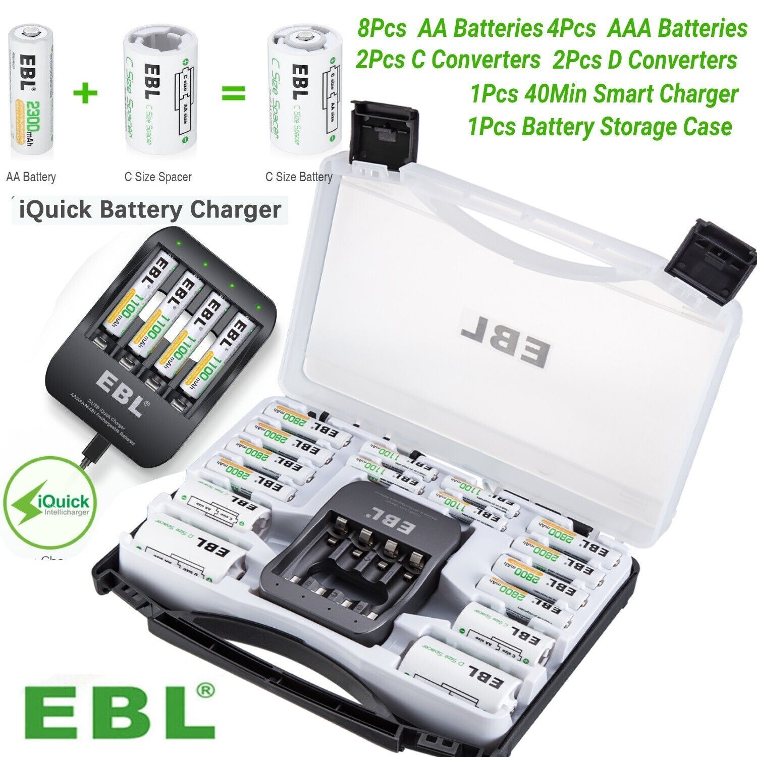 Rechargeable AA AAA Batteries with Charger Organizer Box and C/D Size Converters  -image