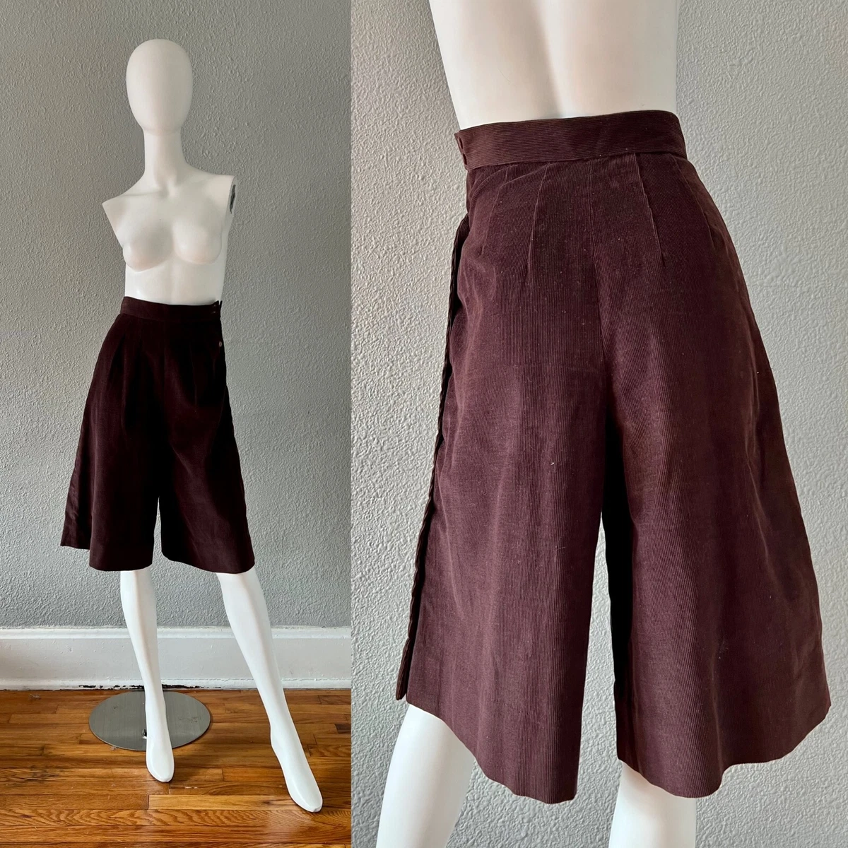 Vintage 70s Brown Corduroy High Waist Culottes Wide Leg Shorts XXS