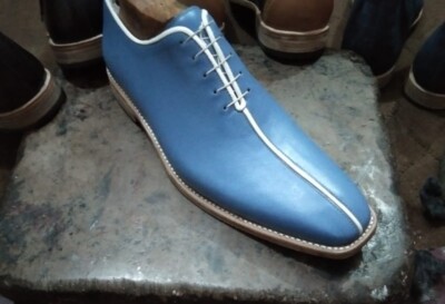 Men Handmade Shoes Blue Leather Derby Lace Up Formal Dress Casual Wear Boots