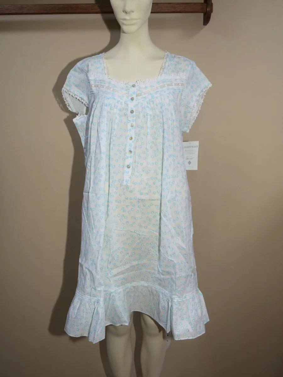 SALE NWT EILEEN WEST Aqua Stars 100% Cotton Lawn Nightgown Gown