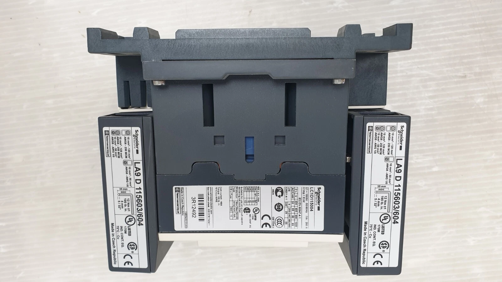 Side view with LA9D115603/604 connector labels and contactor rating plate