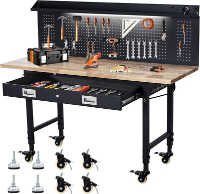 60''x22'' Workbench Heavy Duty Adjustable Height Worktable w/Power Outlets ,Wheels