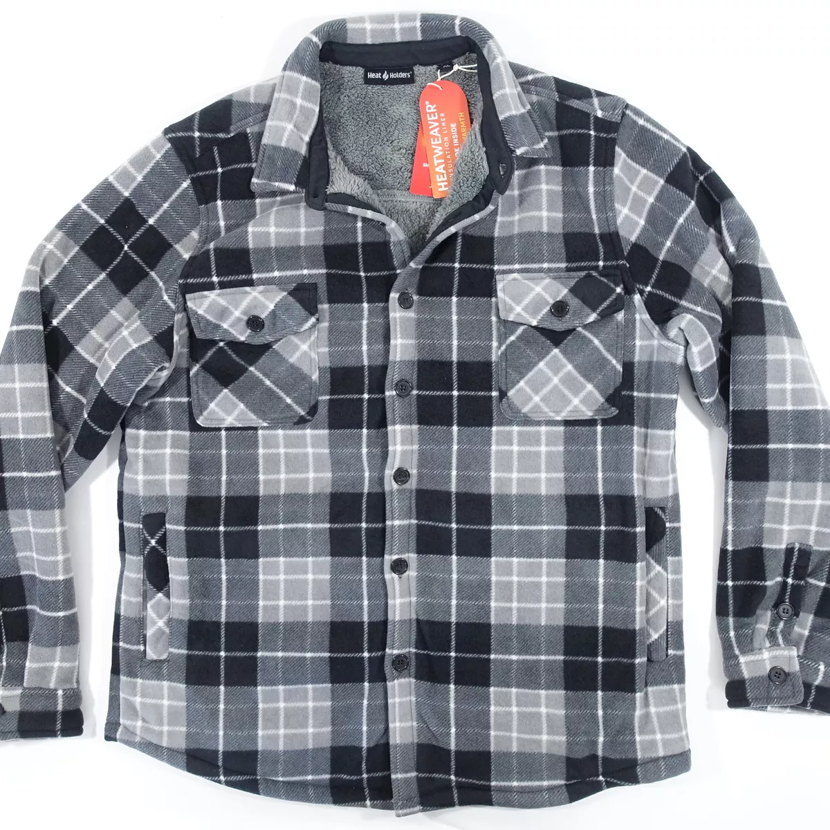 HEAT HOLDERS WINDOWPANE PLAID GRAY XL FLEECE SHERPA SHIRT JACKET