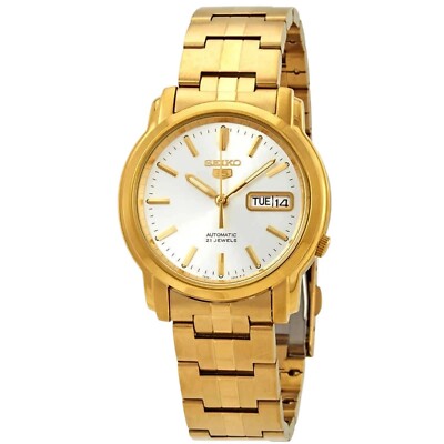 Seiko 5 Automatik Silber Sunburst Zifferblatt Edelstahlband Herrenuhr SNKK74K1