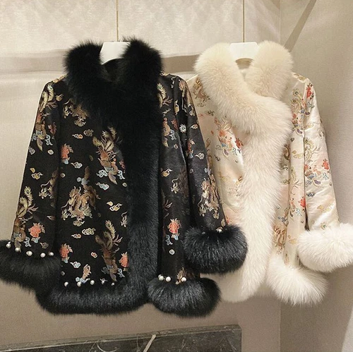 Women Padded Coat Jacket Faux Fur Collar Beaded Embroidered Ethnic Retro Thermal