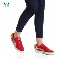Puma Suede Bow Varsity Red Gold Leather Low Lace Up Womens Trainers 367732-01