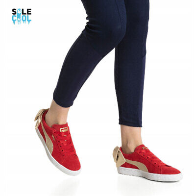 Puma Suede Bow Varsity Red Gold Leather Low Lace Up Womens Puma Suede Bow Varsity Red Gold Leather Low Lace Up Womens