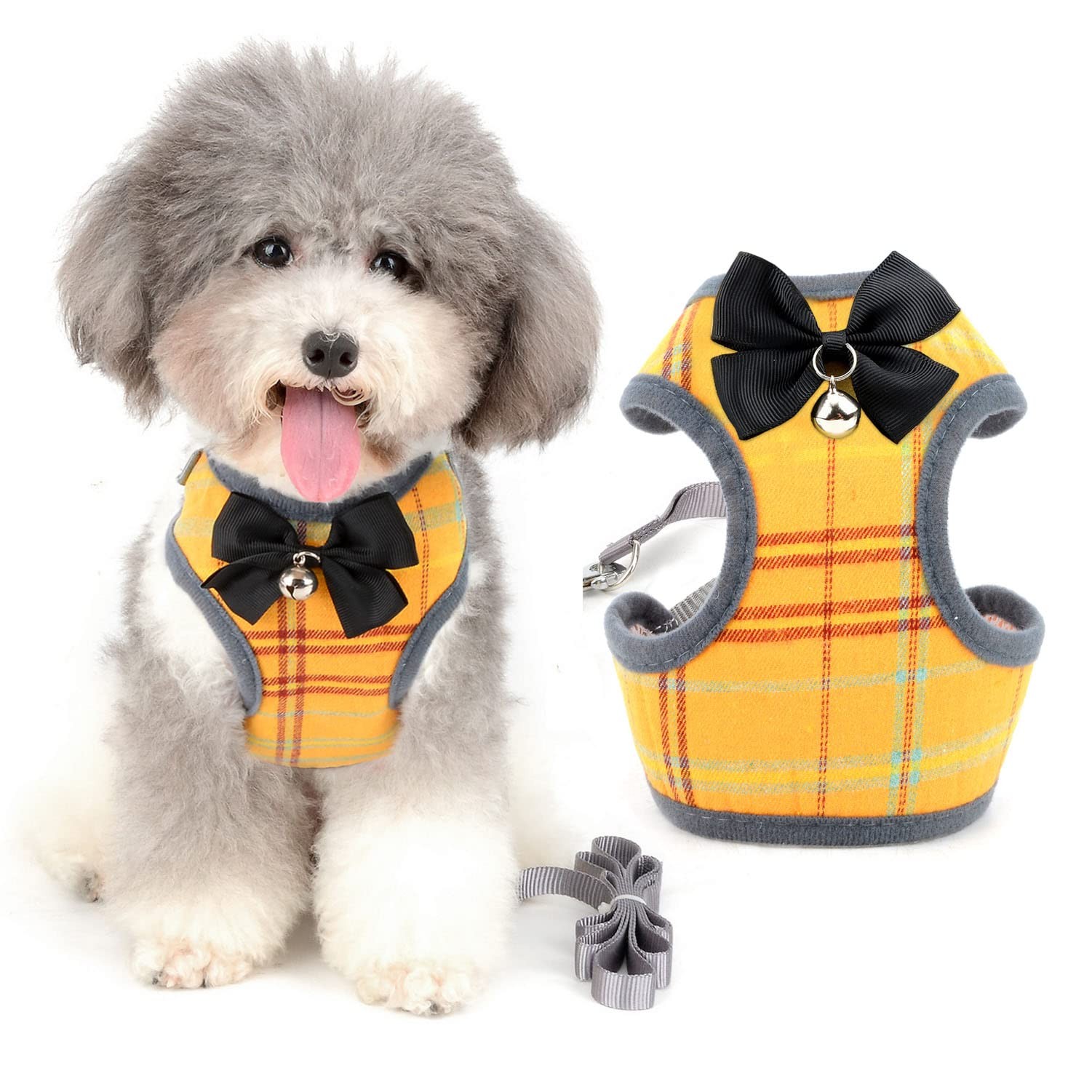Harnais petit chien rembourré anti étouffement avec laisse et clochette amovible