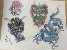 Vintage Y2K Shop Used Tattoo Flash Traditional Oni Dragon Japanese Lotus