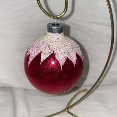 Vintage 2.75  SHINY BRITE Red w/ White Glitter Petals Glass Christmas Ornament