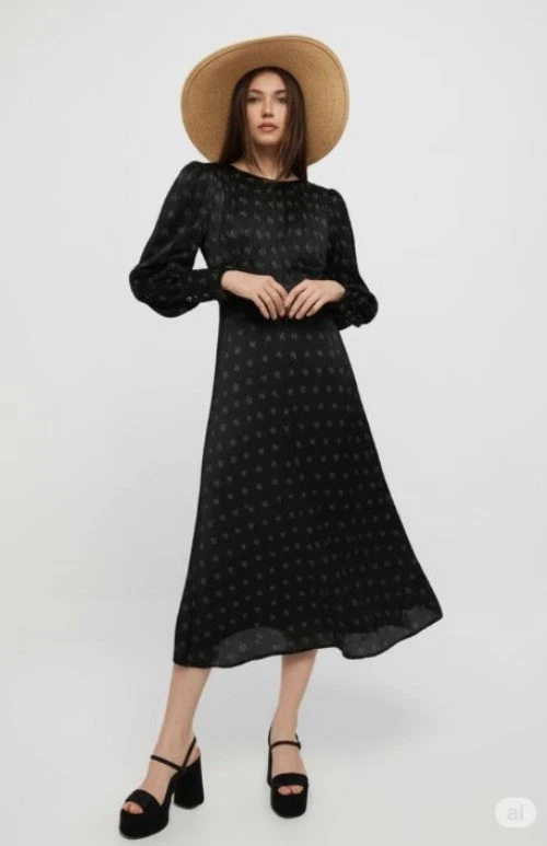 Max Studio Vintage Whimsy Goth Star Pattern Puff Sleeves Pleated Midi Dress M - Image 3 of 4