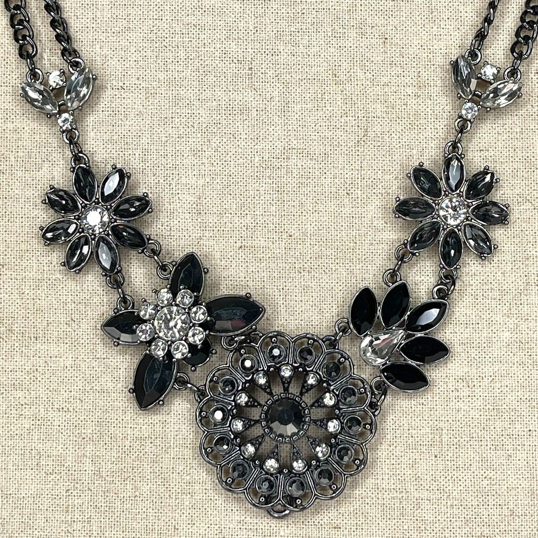 Black Rhinestone and Chain Statement Necklace Flo… - image 2