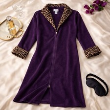 Oscar De La Renta Purple Fleece Robe Leopard Trim Full Zip Lounge Glam S M