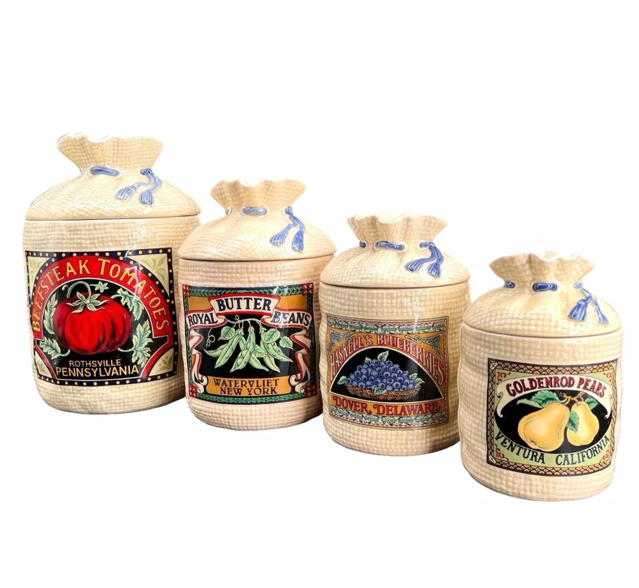 VTGHearth & Home Set Of 4 Burlap Sack Canister Jars w/Vegetable & Fruit Labels