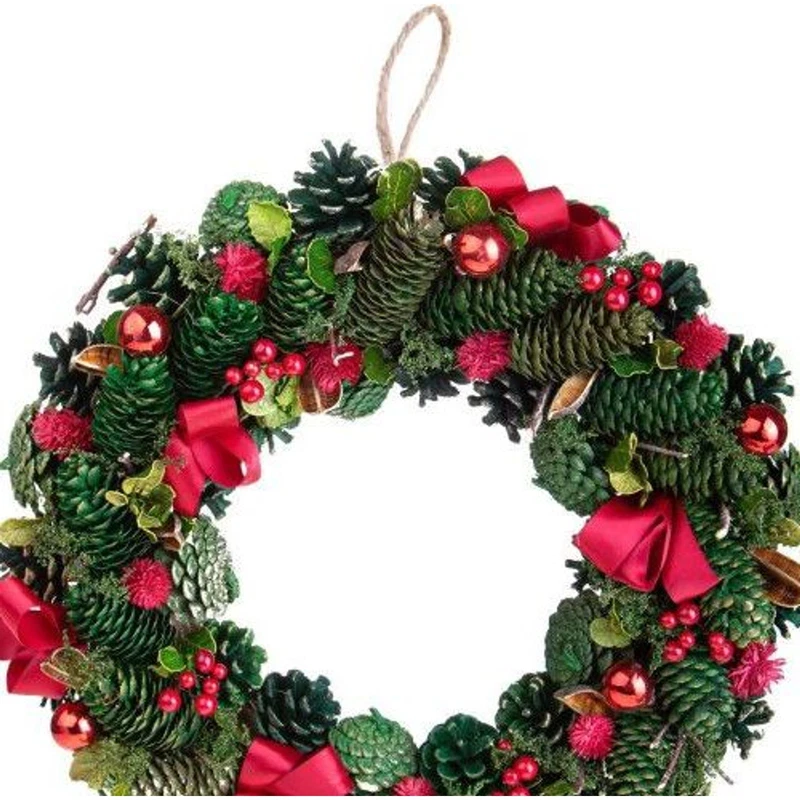 Corona Natalizia Porta BRANDANI Pigne Fiocchi Rossi Bacche Ghirlanda Natale, fotografia 7 di 9