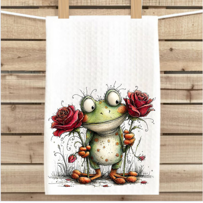 Cute Frog Kitchen Towel Lover Gift Floral Roses Spring Decor  16x24 Waffle Weave