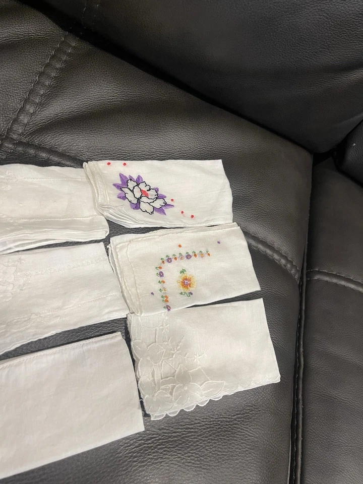 Juego de 6 pañuelos vintage de lino de algodón bordados a mano para damas Foto 3 de 4